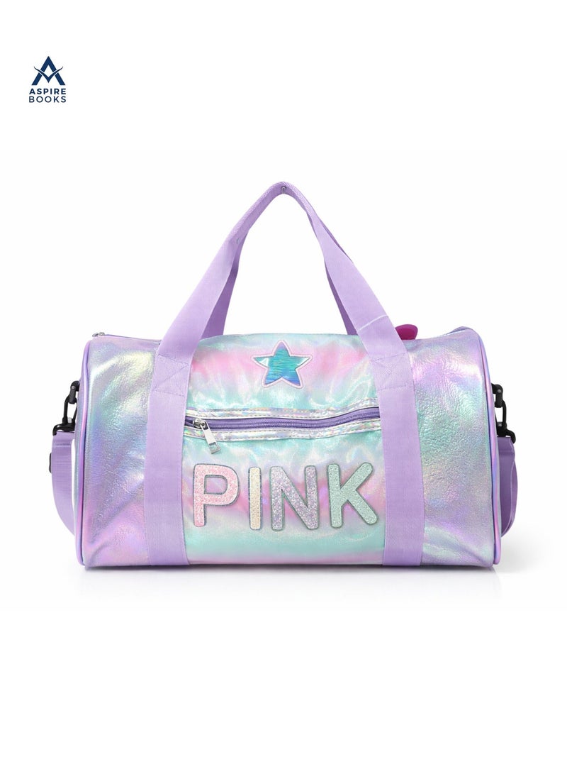 Aspire Books Kids Holographic Duffle Bag with Coin Pouch – Iridescent Travel Weekender & Dance Bag for Girls – Glitter "PINK" Lettering, Star Patch, and Adjustable Strap – Perfect for Shopping, Outings, and Sleepovers (Purple/Rainbow) - Image 5